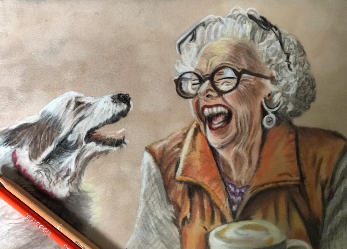 Portret starej kobiety i psa, naszkicowany ołówkami.