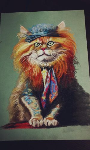 Portret kota w kapeluszu, tworzony na zamówienie ołówkami. Portret kota w kapeluszu, tworzony na zamówienie ołówkami.